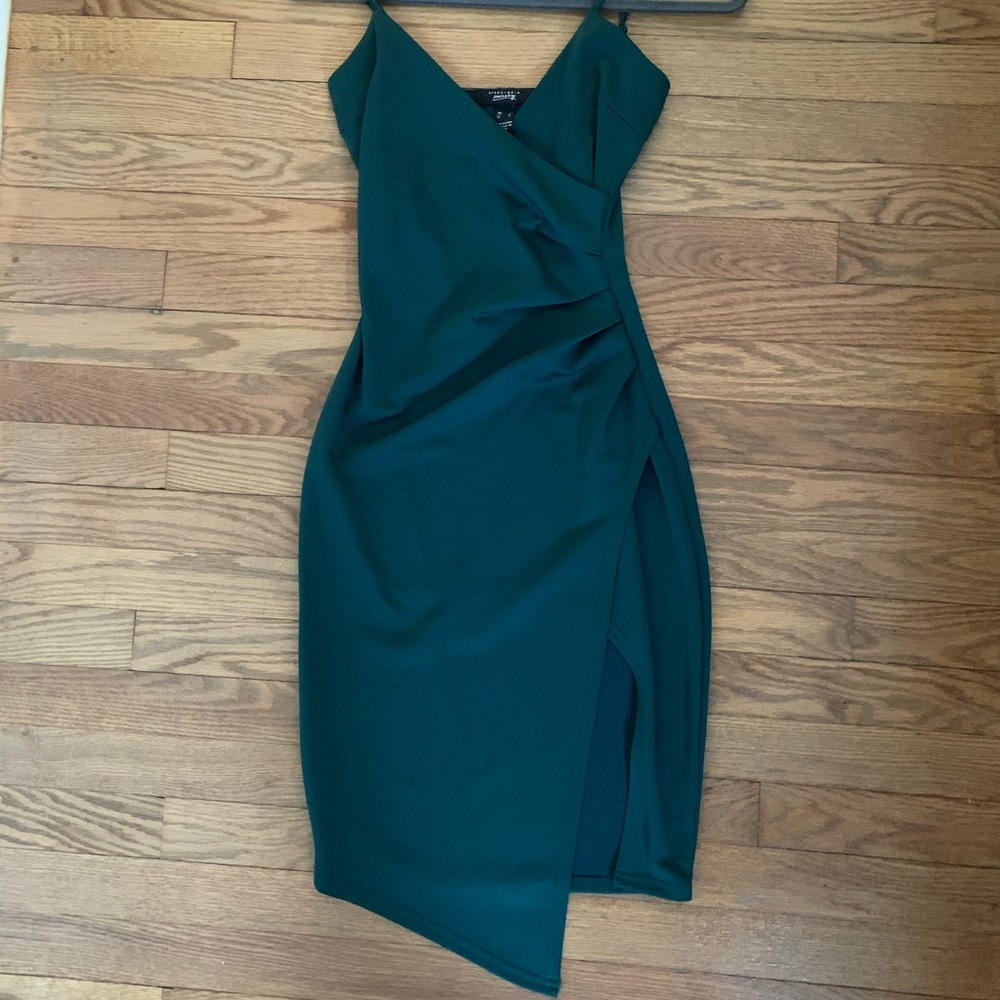 Green slit dress with ruched side